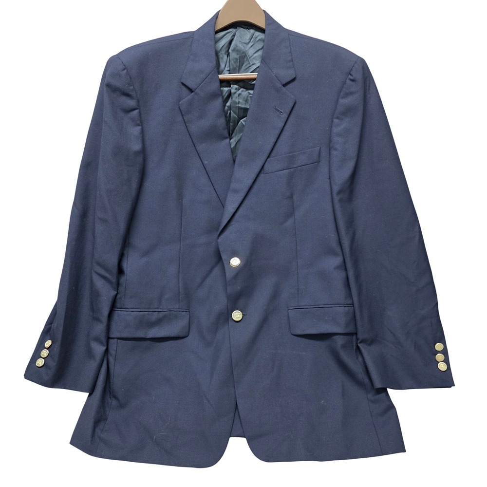 Burberry Mens Navy Blue 100% Wool Blazer Gold Crest Button Sport Coat 42R USA